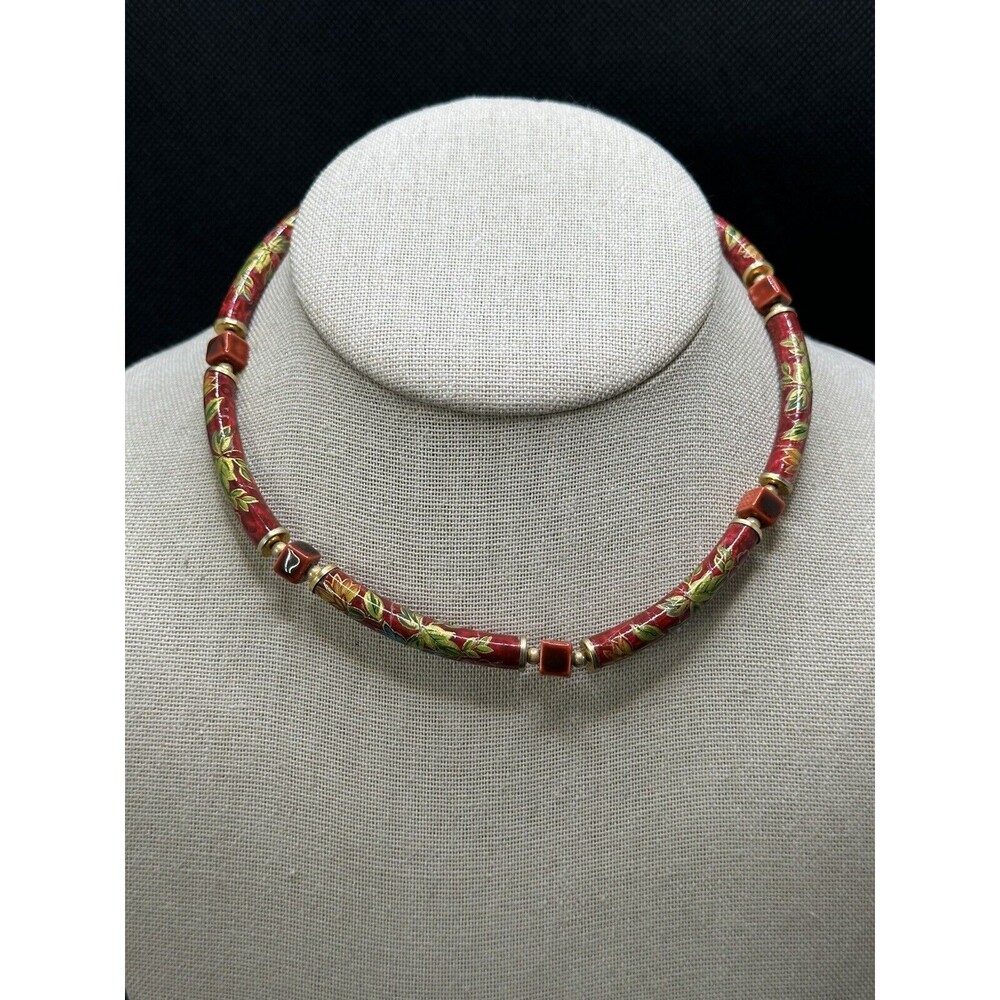 Vintage choker necklace with ceramic elements & red and gold tone accents 14in
